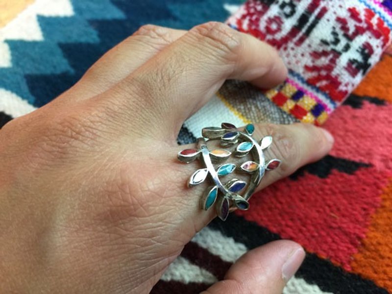 ペルーシルバー950 +インカコカの葉の宝石リング - リング - 宝石 多色