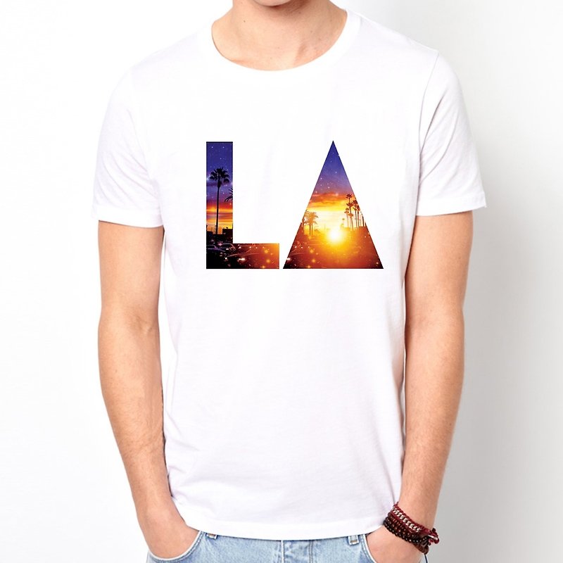 LA-sunset t shirt design photo - เสื้อยืดผู้ชาย - วัสดุอื่นๆ ขาว
