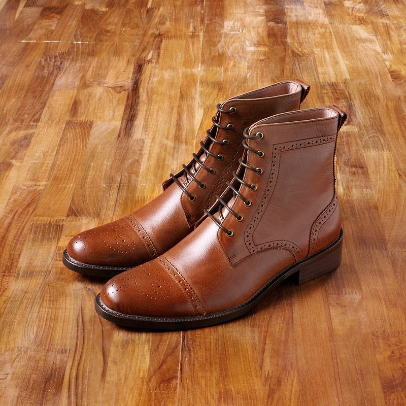 Vanger elegant and beautiful ‧ British style tube carved military boots Va126 wipe - Men's Casual Shoes - Genuine Leather Brown