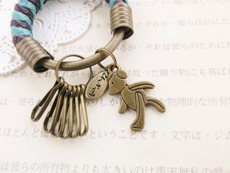 [Na UNA- excellent hand-made] key ring (small) 5.3CM lake Green + purple + Bear walking hand-woven wax rope hoop customization - ที่ห้อยกุญแจ - วัสดุอื่นๆ สีเขียว