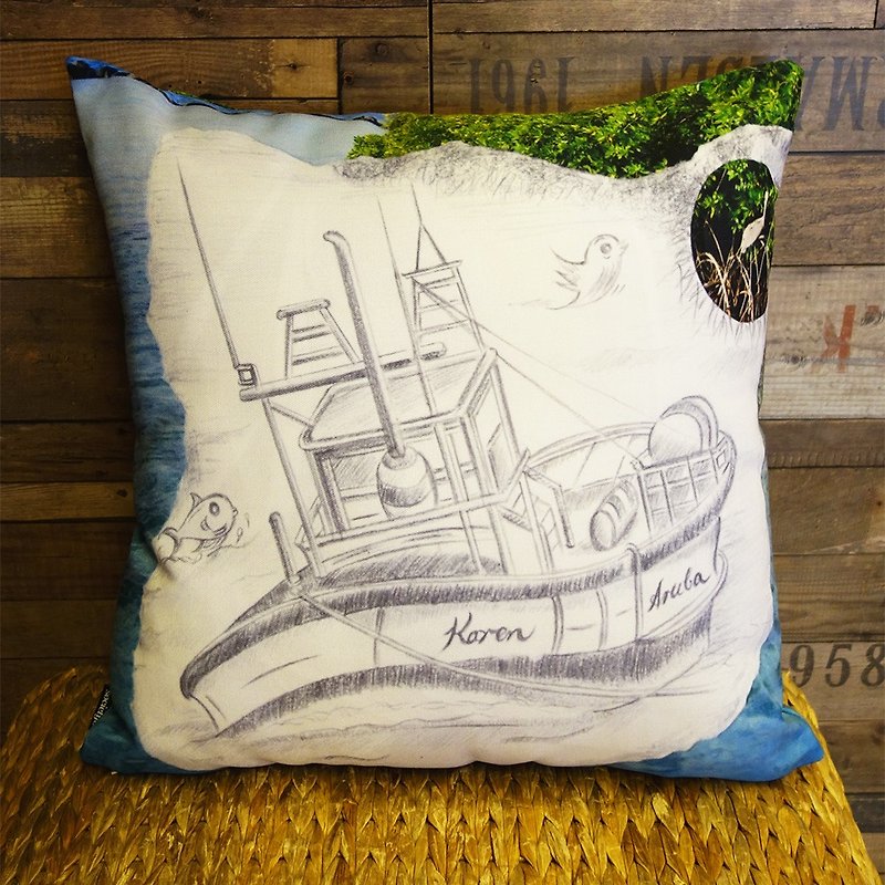 Travel with Pencil Collection Caribbean Sea Hand-painted Boat Pillow - Cozy and Comfortable - หมอน - กระดาษ 