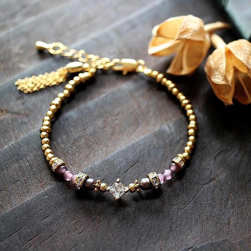 F Golden Years NO.169 purple zircon pearl opal diamond bracelet brass - สร้อยข้อมือ - เครื่องเพชรพลอย สีม่วง