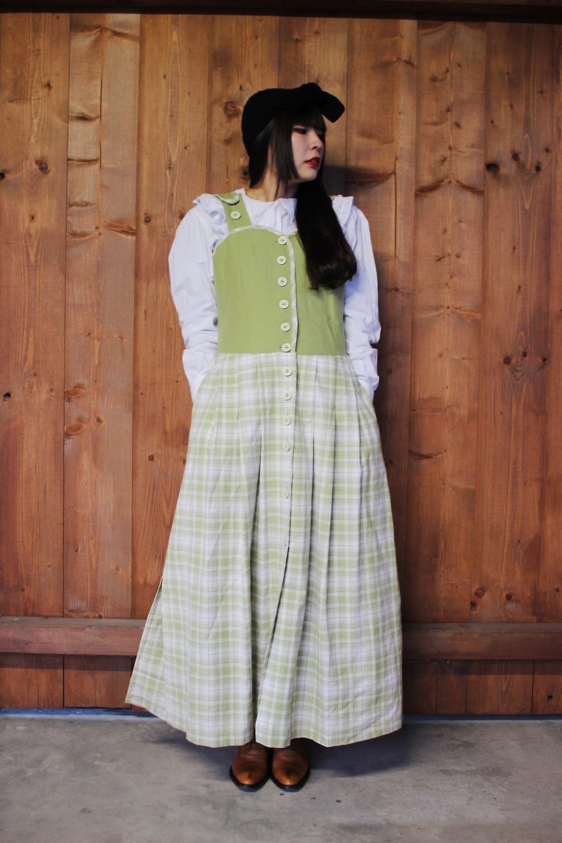 F856(Vintage)綠色格紋雕花排扣棉質背心洋裝(奧地利傳統Dirndl) - 洋裝/連身裙 - 其他材質 綠色