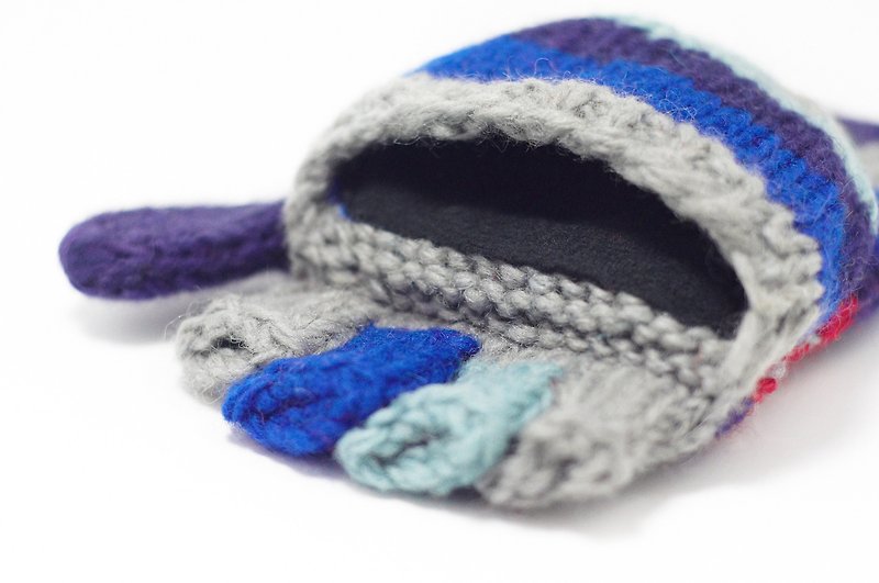 / Hand-woven pure wool knit gloves / detachable gloves / warm gloves (made in nepal) - Blue Red Fair Isle totem - ถุงมือ - วัสดุอื่นๆ หลากหลายสี