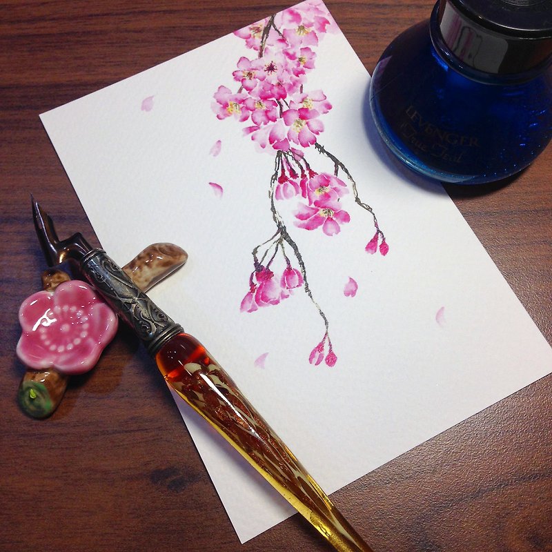 Postcard ~ Ink Dyed Painting-Takizakura - การ์ด/โปสการ์ด - กระดาษ สึชมพู