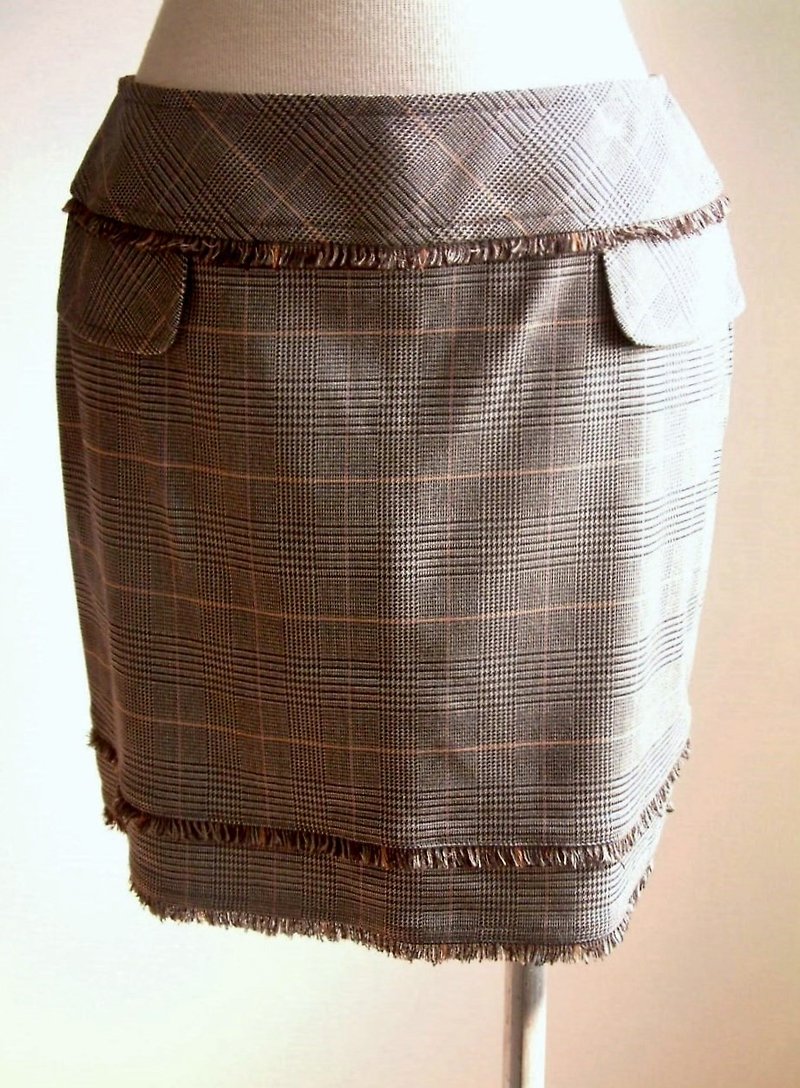 Plaid Thousand Birds Mixed Skirt- Brown Orange - Skirts - Other Materials Brown
