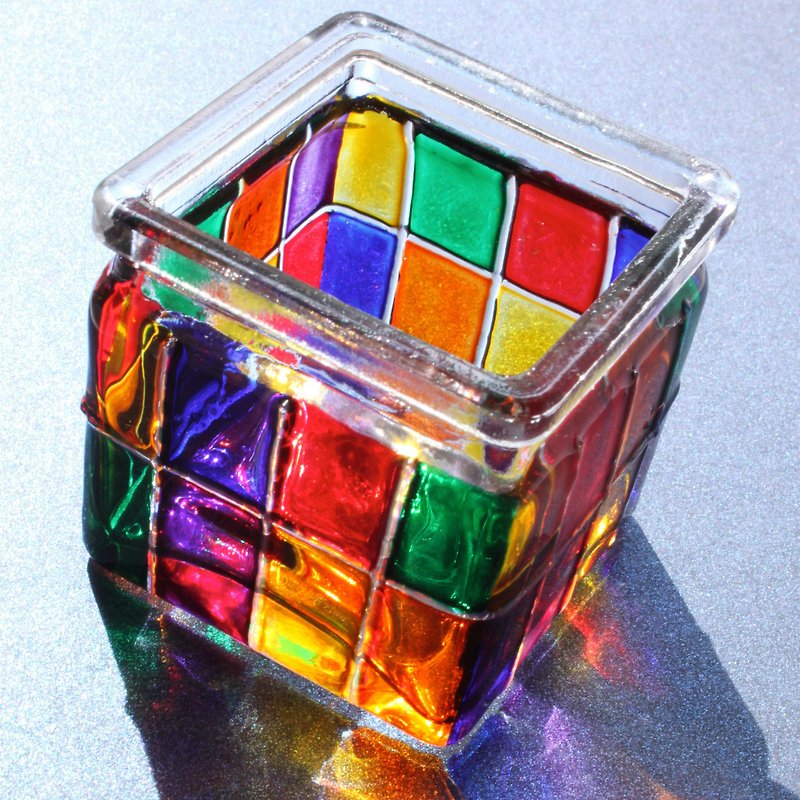 Geometric Rainbow Multi Colored Stained Glass Tea Light Holder・Painted Votive Candle Holder - Candles & Candle Holders - Glass Multicolor