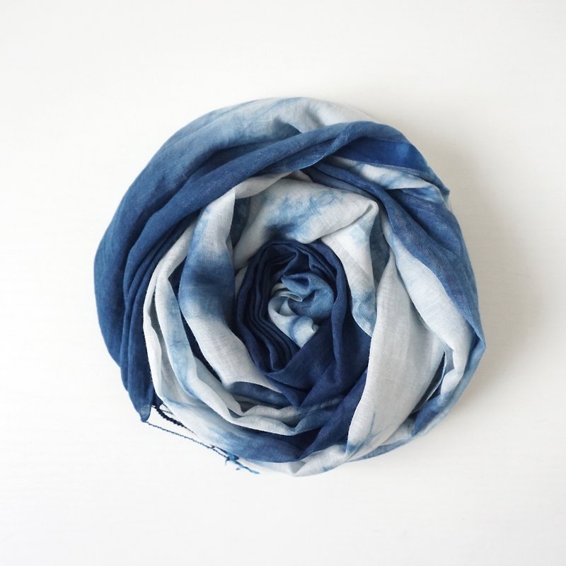S.A x Ink Painting, Indigo dyed Handmade Abstract Pattern Silk/Cotton Scarf - Scarves - Silk Blue