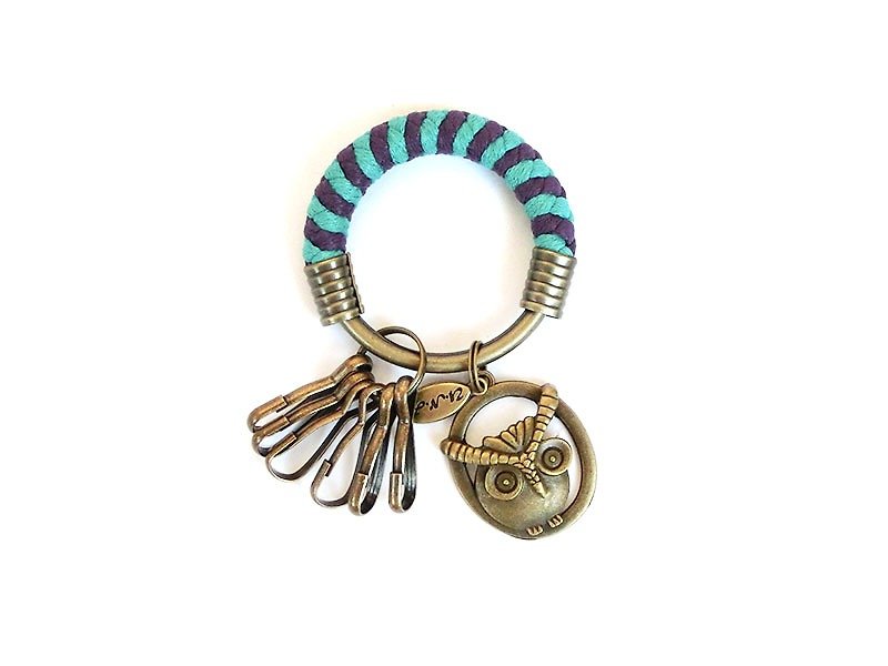 [UNA-Yona Handmade] Key ring (small) 5.3CM lake green + dark purple + owl hand-woven wax rope hoop customized - Keychains - Other Materials Green