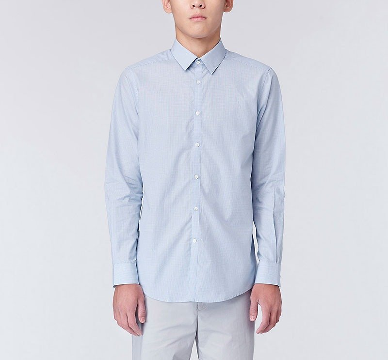 C70 Lucas Shirt Small Collar Classic Long Sleeve Shirt - เสื้อเชิ้ตผู้ชาย - ผ้าฝ้าย/ผ้าลินิน สีน้ำเงิน