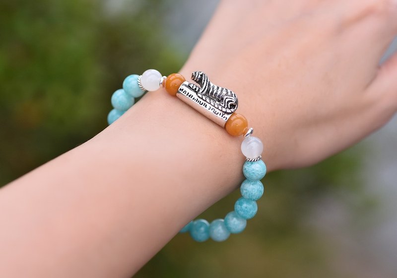 Sterling silver money-biting tiger + moonstone + topaz + amazonite sterling Stone crystal bracelet - Bracelets - Crystal Green