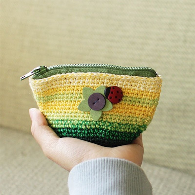 Hand-Knitted Purse--Flower and Laddybug - Coin Purses - Cotton & Hemp Multicolor