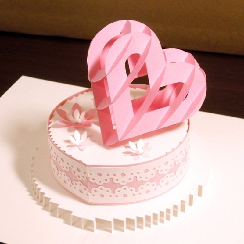 Three-dimensional Paper Sculpture Valentine Card-Paper Sculpture Heart Cake - Cards & Postcards - Paper Pink