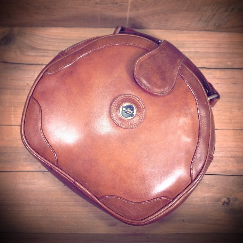 [Bones] Early caramel leather handbag retro round genuine antique print package Vintag - Handbags & Totes - Genuine Leather Brown