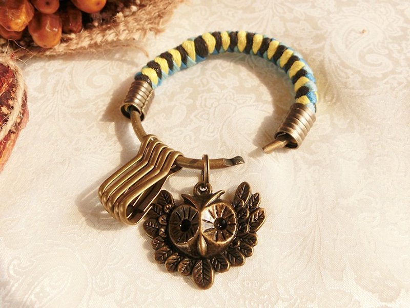 [Na UNA- excellent hand-made] key ring (in) 6CM bright blue lake green + + + bright yellow + black wings Owl Opening wax hand-woven rope hoop customization - Keychains - Other Metals Multicolor