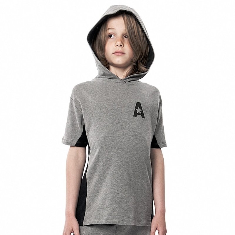 【Denmark Kids】Organic Cotton Inner Brush Short Sleeve Hoodie 3 Years Old to 8 Years Old - Tops & T-Shirts - Cotton & Hemp Gray