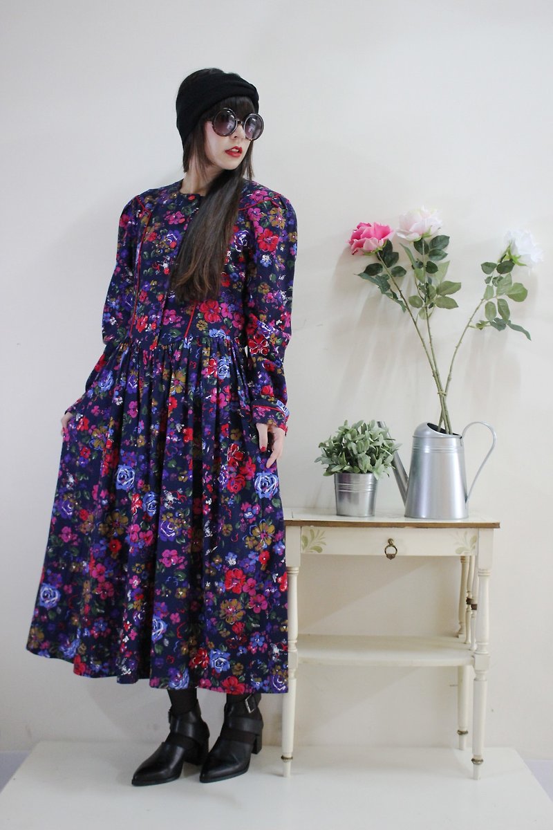F1524 [American-made bids] (Vintage) dark blue background Pink flowers cotton long-sleeved red vintage dress (wedding / picnic / party) - One Piece Dresses - Other Materials Blue