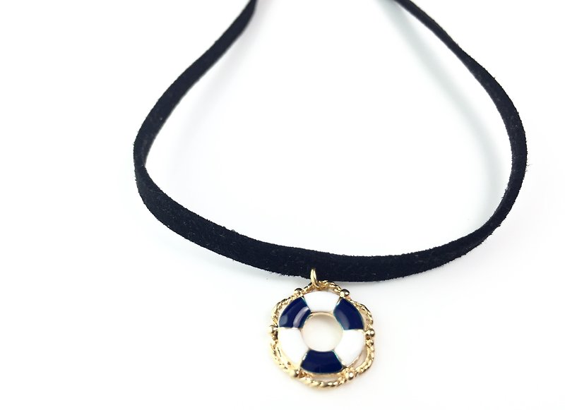 Small blue lifebuoy / black suede cord (Necklace) - Necklaces - Genuine Leather Black