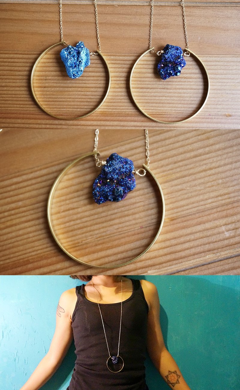 [Worldsmellsdifferent handcraft lab] CITIZEN cyanosis (TETSUKON) Series: Fall Winter Edition purplish Druse plating copper ring long necklace handmade crystal - Necklaces - Gemstone Blue