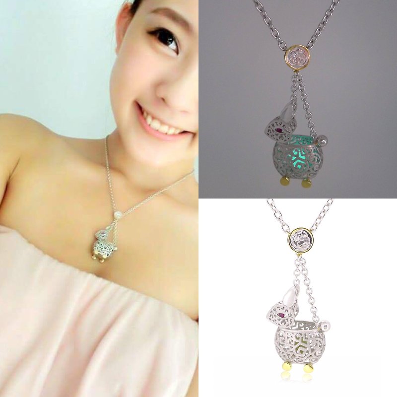 HK038 ~ 925 silver rabbit lantern modeling pendant with 18 "necklace - Chokers - Other Metals White