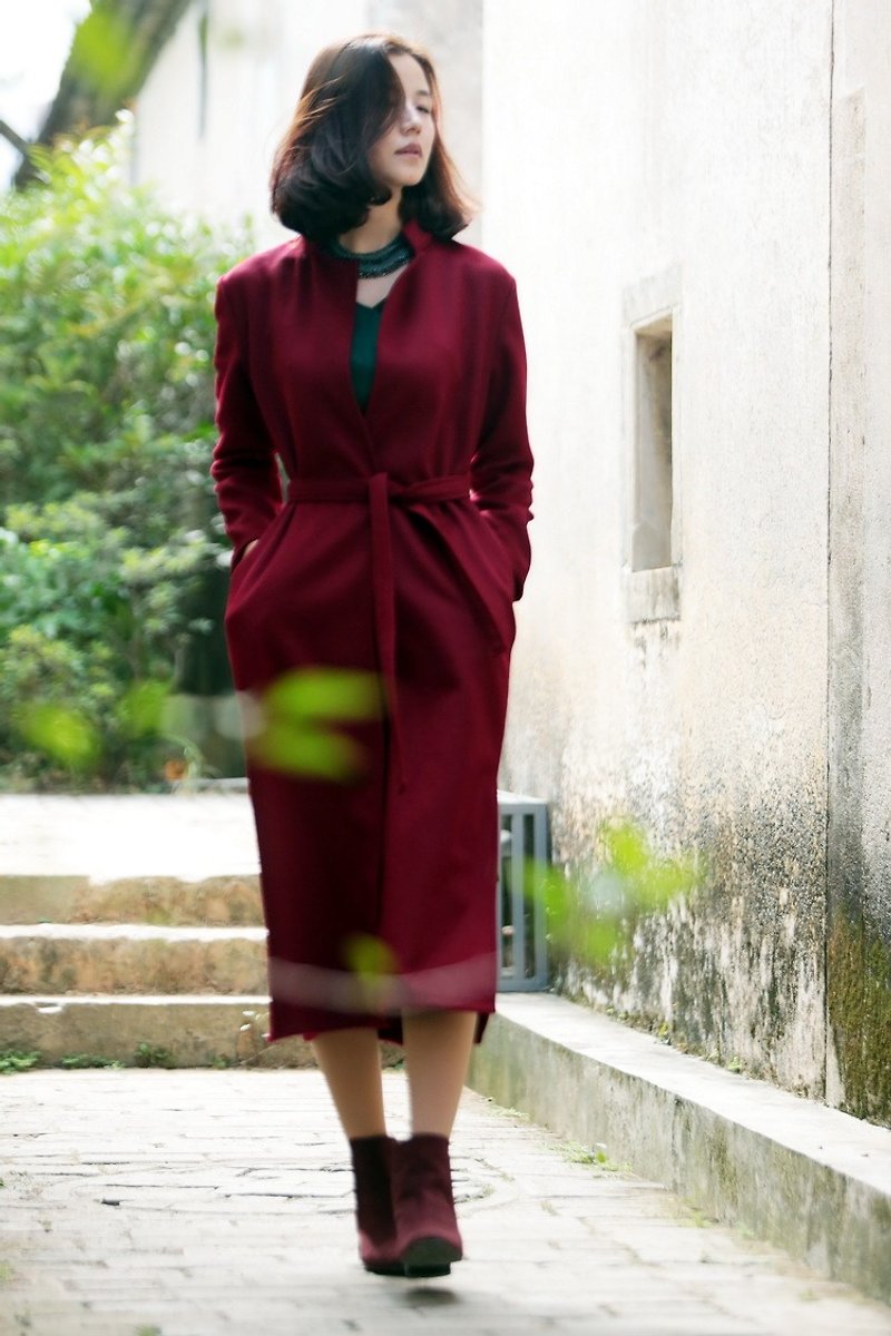 品.Xiangyun yarn new high-end cashmere coat women's mid-length slim coat simple and fashionable jade - Women's Casual & Functional Jackets - Wool Red