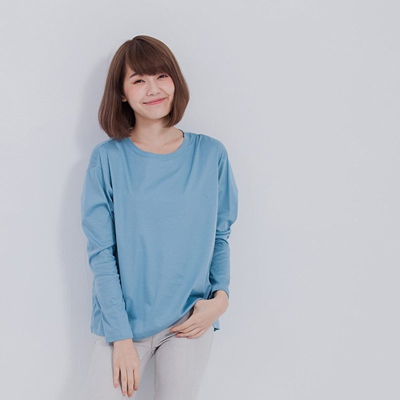 Xyza long sleeve with boat neck top / lake blue - トップス - コットン・麻 ブルー