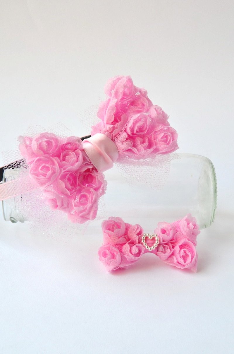 Gauze satin rose hair accessories combination (headband + hairpin) - Bibs - Other Materials Pink