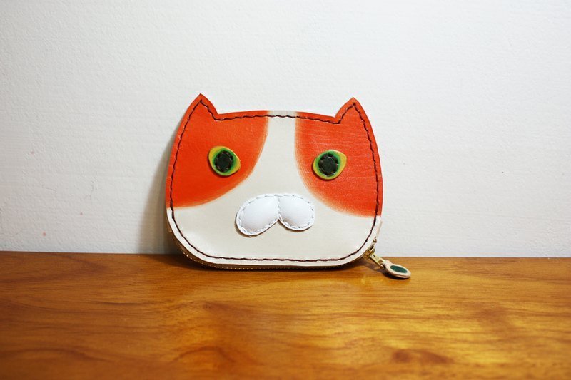 Mercedes face orange cat Purse - กระเป๋าใส่เหรียญ - หนังแท้ สีส้ม