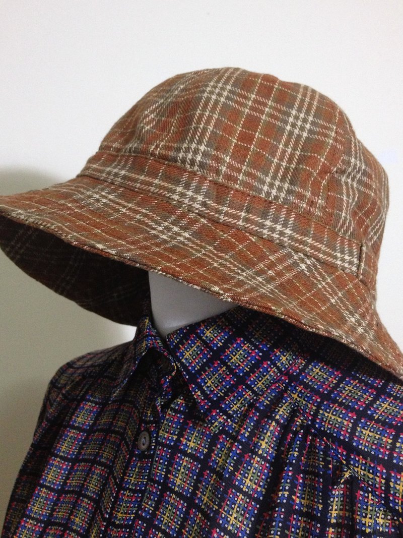 ピンポンレトロ海外バックヴィンテージ【ヴィンテージ帽子/チェック柄レンガオレンジヴィンテージ帽子] - 帽子 - その他の素材 オレンジ