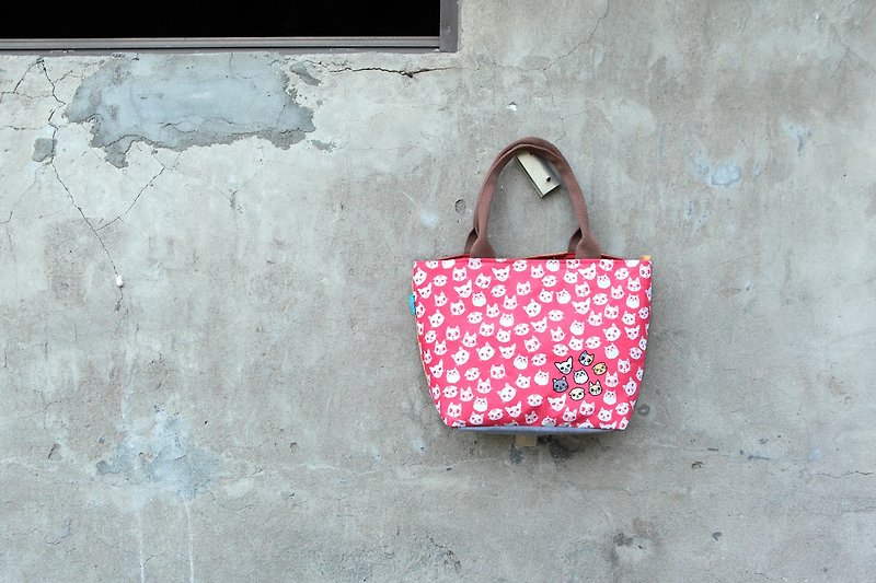【托特包-小】桃紅貓咪-純手工限量商品 - 側背包/斜背包 - 其他材質 粉紅色