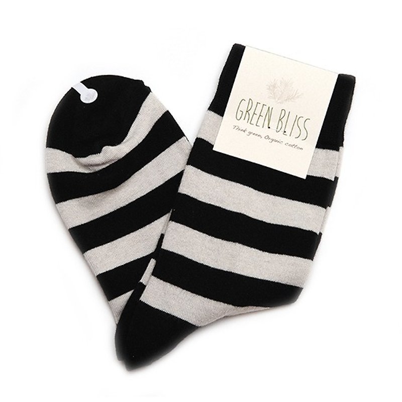 GREEN BLISS Organic Cotton Socks - [Striped Series] Petunia Gray Black Wide Striped Stockings (Male / Female) - ถุงเท้า - ผ้าฝ้าย/ผ้าลินิน สีดำ