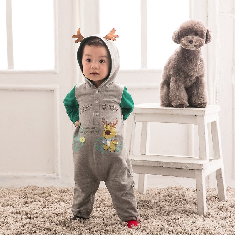 Christmas Moose Wagging Tail One-piece Bunny Costume-Green - Onesies - Cotton & Hemp Gray
