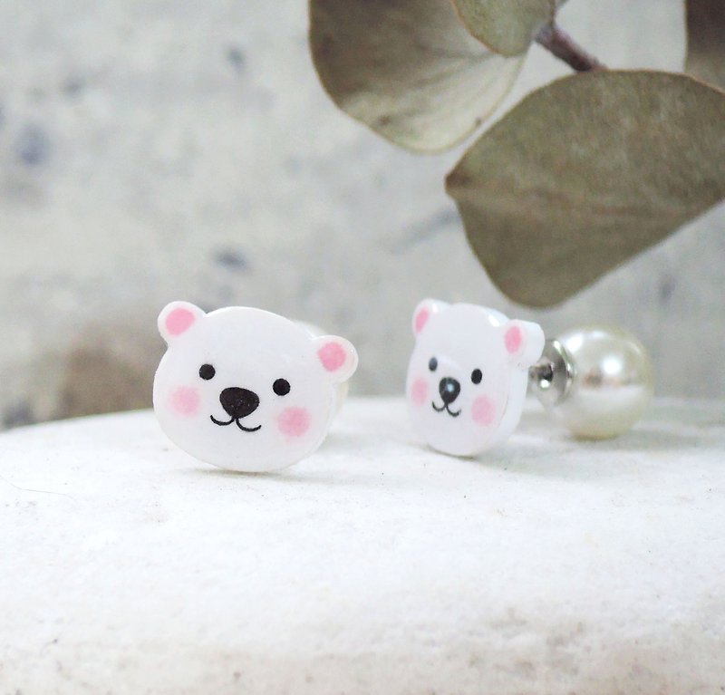 Round polar bear handmade earrings anti-allergic ear acupuncture painless Clip-On - Earrings & Clip-ons - Resin White