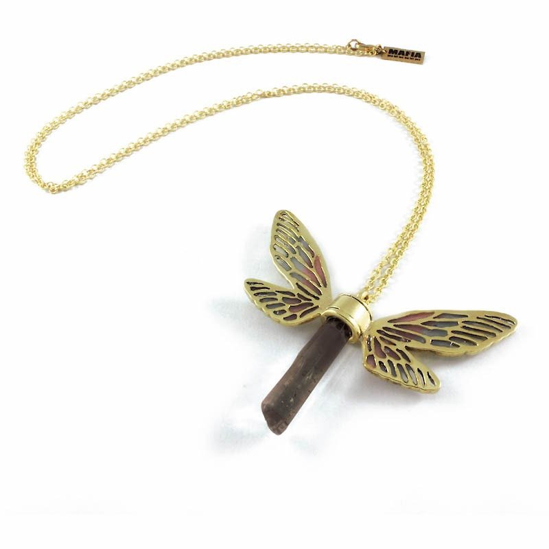 Brass Dragonfly wing pendant with smoky raw quartz stone and enamel color - สร้อยคอ - โลหะ 