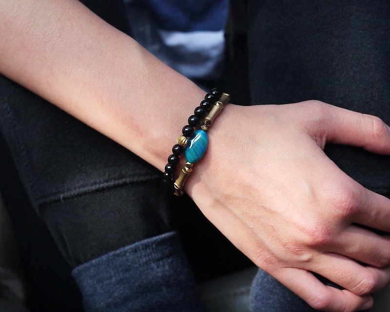 天然石黃銅手環-多瑙河藍(配件/個性/混搭) - 手鍊/手鐲 - 寶石 藍色