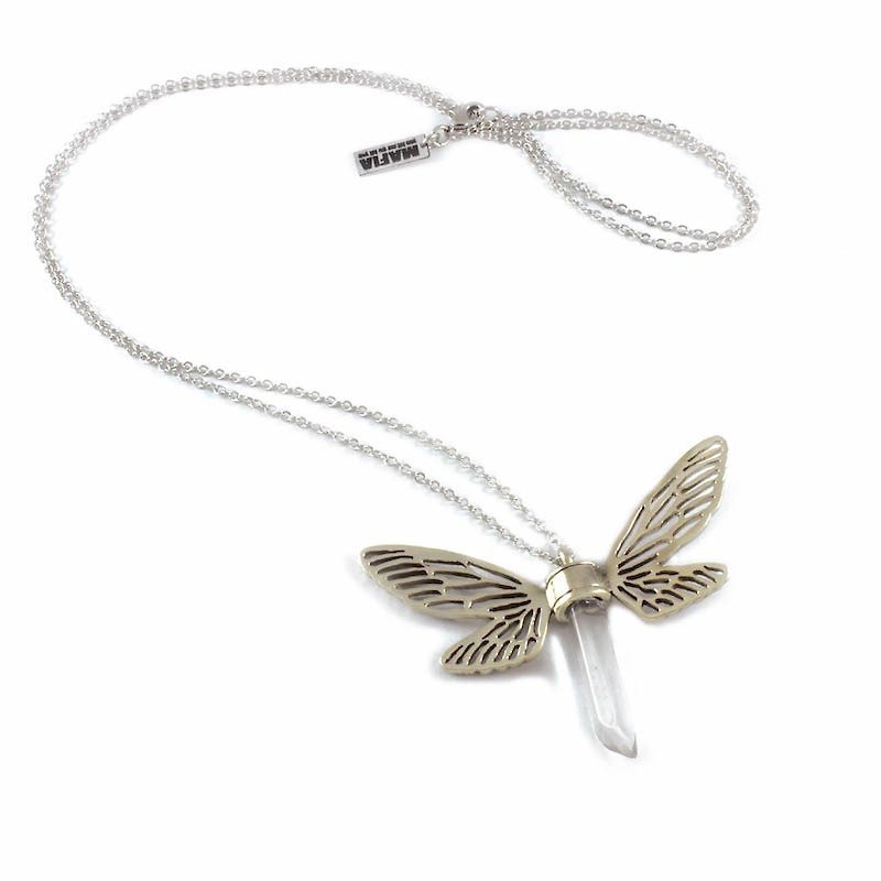 White bronze Dragonfly wing pendant with clear raw quartz stone - สร้อยคอ - โลหะ 