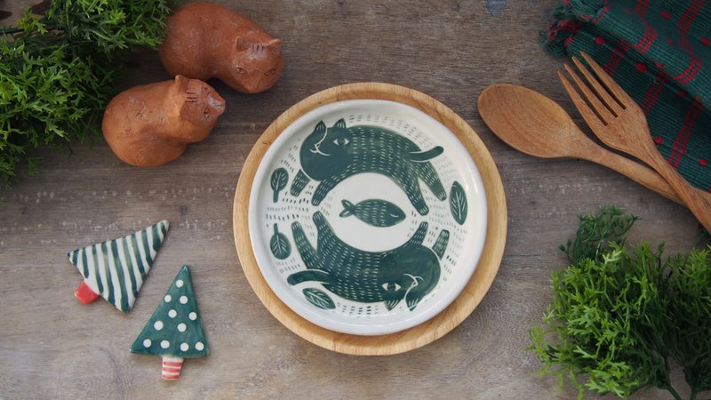 兩隻貓咪和小魚盤子 / 裝飾品 / 生日禮物 - 花瓶/花器 - 紙 綠色