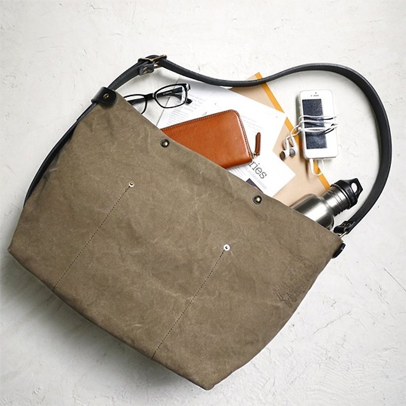 Japan Washed Canvas Waterproof Side Backpack Handbag Dual Purpose Bag Made in Japan by SUOLO - Messenger Bags & Sling Bags - Cotton & Hemp Khaki