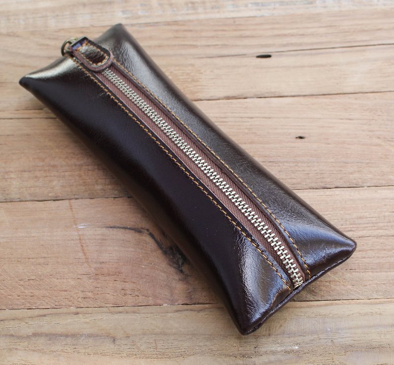 Pencil case - Flat - Dark Brown (Genuine Cow Leather) / Pen case / Accessories Case - กล่องดินสอ/ถุงดินสอ - หนังแท้ 