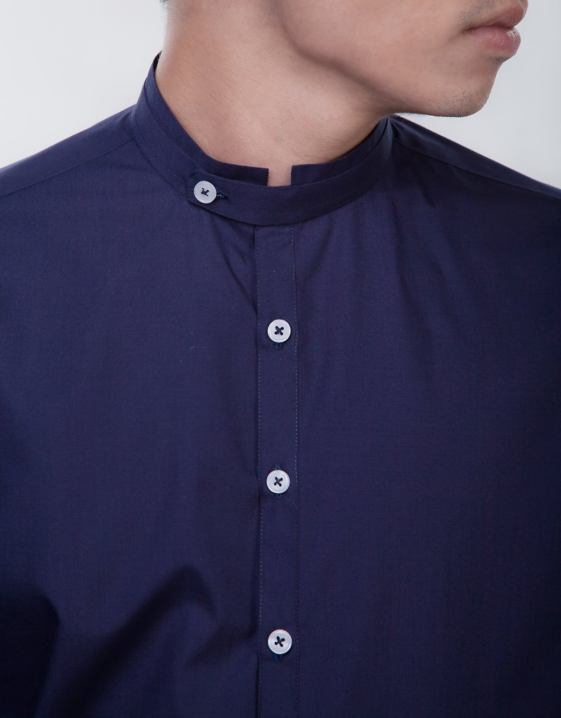 Stashed denim mao collar shirt - Men's Shirts - Other Materials Blue