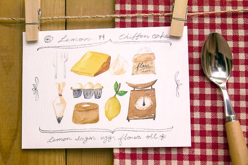 紙上甜點: 檸檬戚風蛋糕明信片 - 卡片/明信片 - 紙 黃色