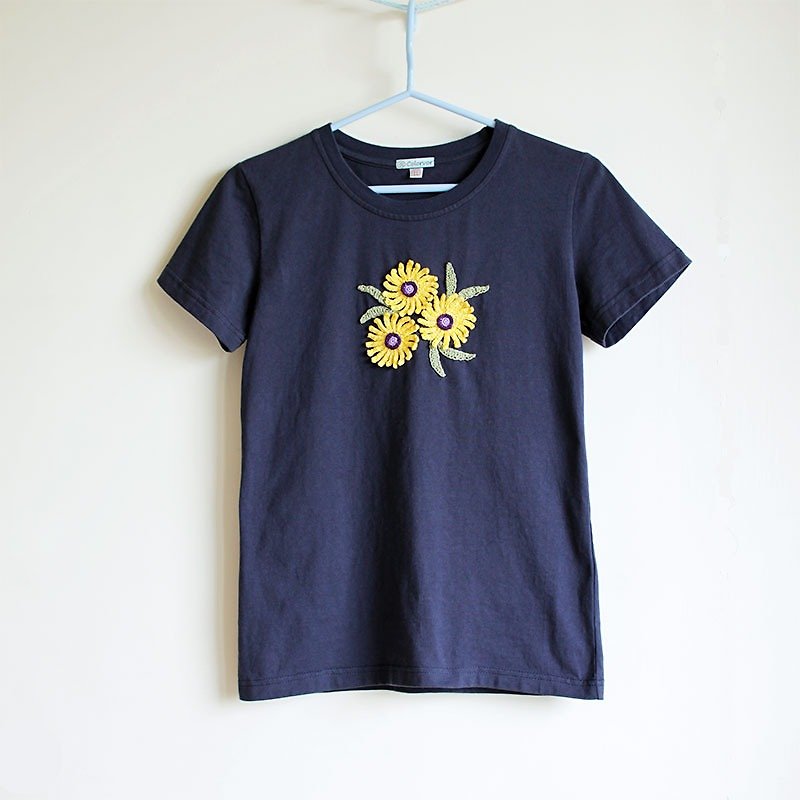 Hand Knitted Flowers T-shirt No.4 (Only one) - Women's T-Shirts - Cotton & Hemp Blue