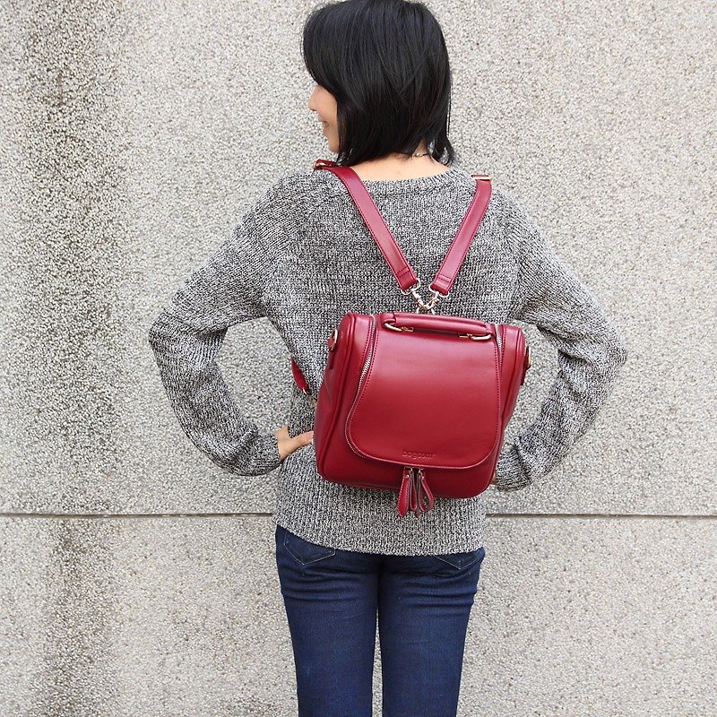 100408-20 ★ Bagcom Masaki red leather shoulder bag multi-purpose - กระเป๋าเป้สะพายหลัง - หนังแท้ สีแดง