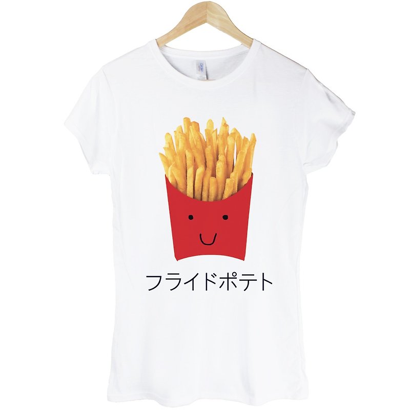 Japanese-French Fries Girls Short Sleeve T-shirt-White French Fries Burger Toast Japanese Japanese Bread Food Fast Food Design Homemade Brand - เสื้อยืดผู้หญิง - กระดาษ ขาว