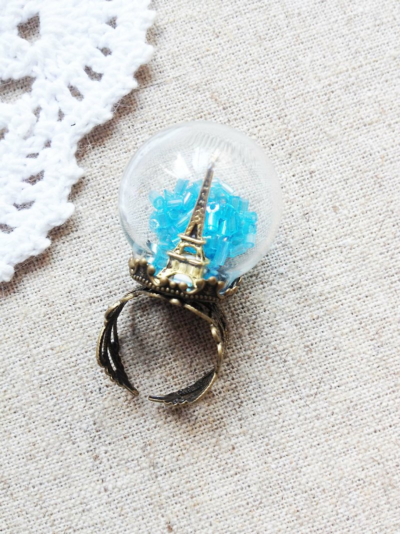 [imykaka] ♥ 藍天巴黎鐵塔 古典玻璃球銀戒指 - 戒指 - 其他材質 藍色