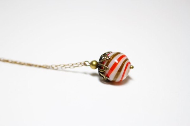 Fruit ball gold stripes necklace handmade glass ball / Brass - Necklaces - Glass Red