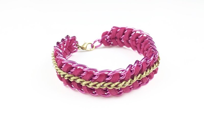 X fluorescent pink suede rope aluminum chain - สร้อยข้อมือ - หนังแท้ สึชมพู