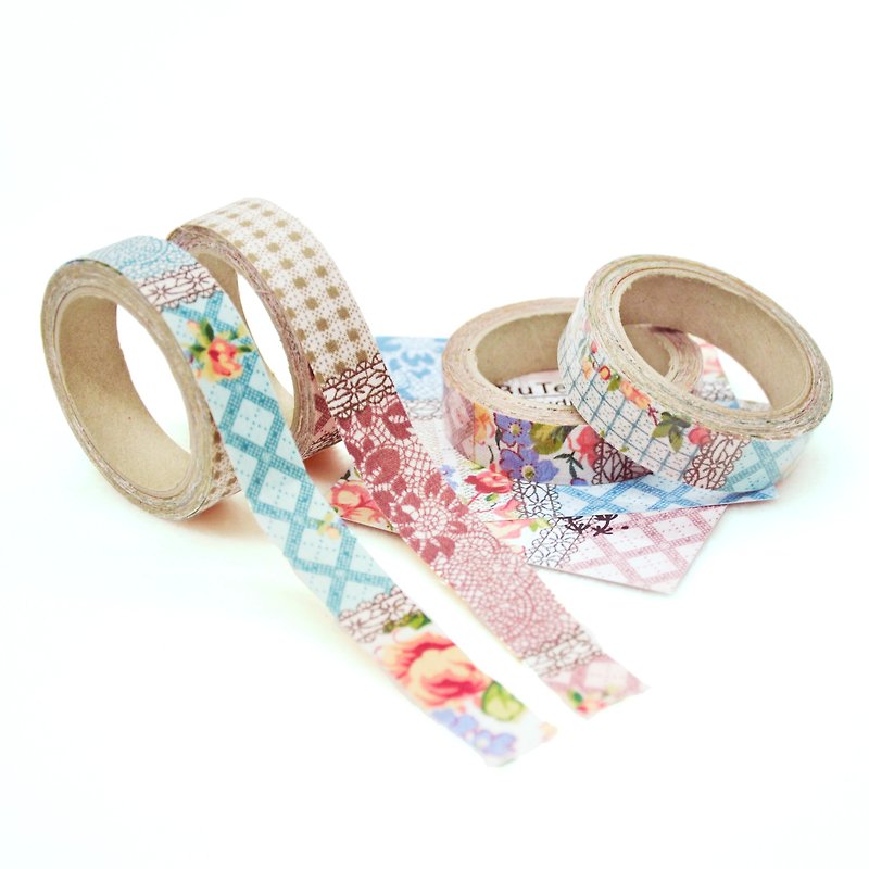 Cloth tape-elegant and romantic [mixed lace] / blue grid / pink grid - Washi Tape - Cotton & Hemp Multicolor