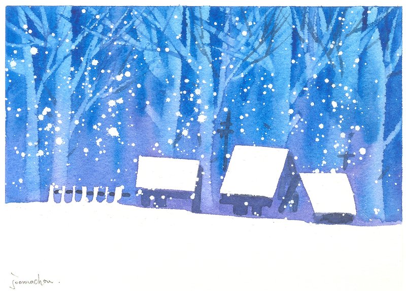 聖誕卡片「療癒系樹林系列1-105」水彩手繪限量版明信片/賀卡 - カード・はがき - 紙 ブルー