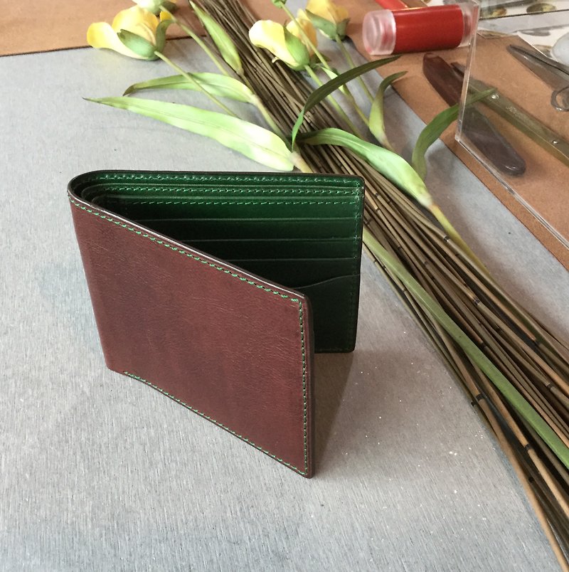 isni multi color short wallet brown & green design/ Handmade leather - กระเป๋าสตางค์ - หนังแท้ สีเขียว